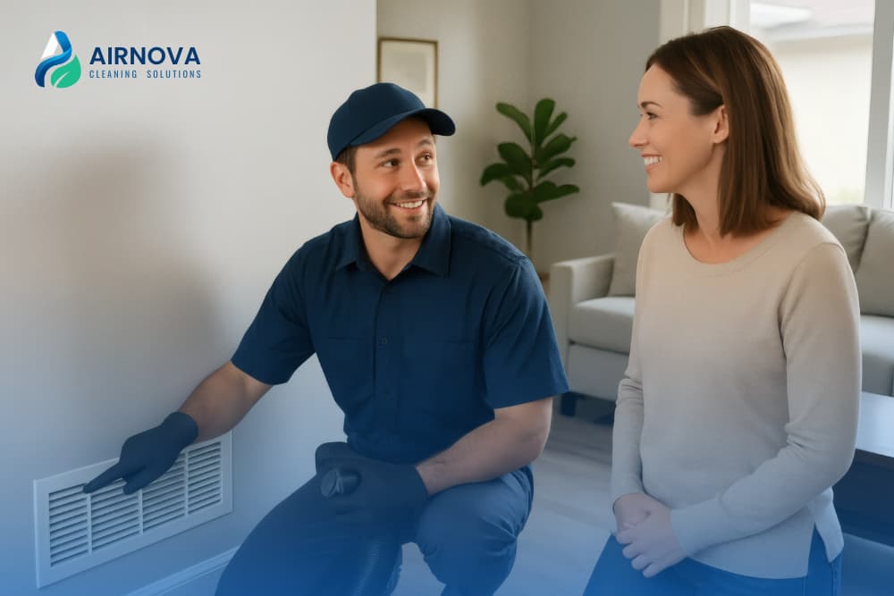 AirNova technician performing air duct inspection in a customer’s home, providing professional HVAC and vent cleaning services.