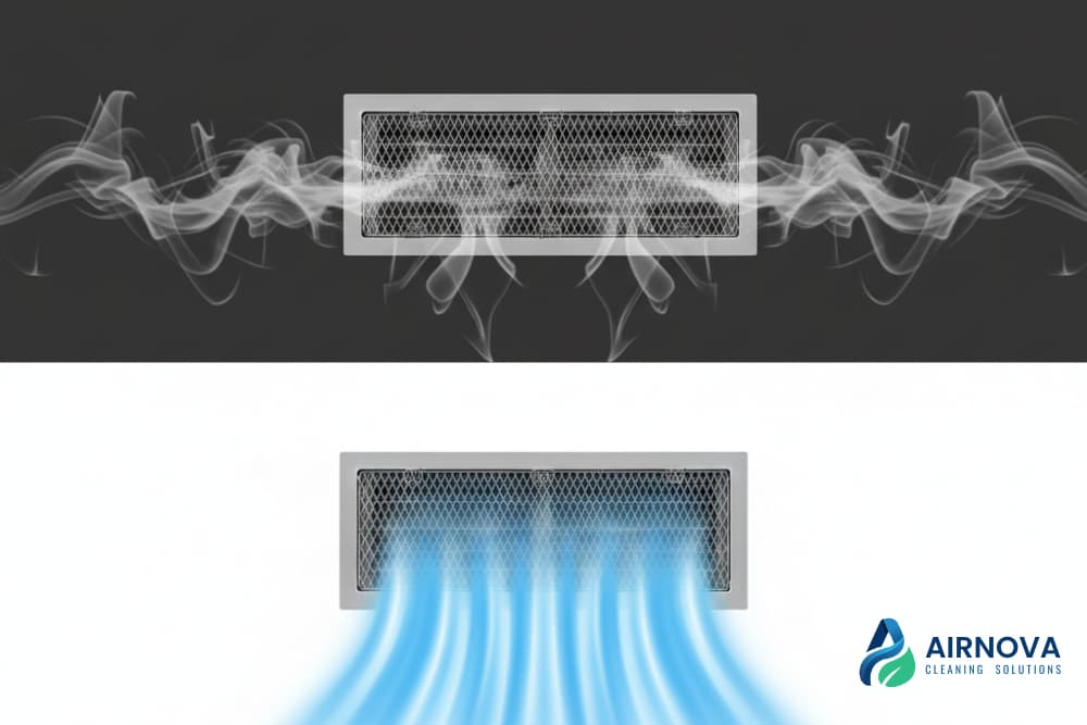 Comparison of dirty air vent with smoke buildup versus clean vent with fresh airflow – AirNova Cleaning Solutions.