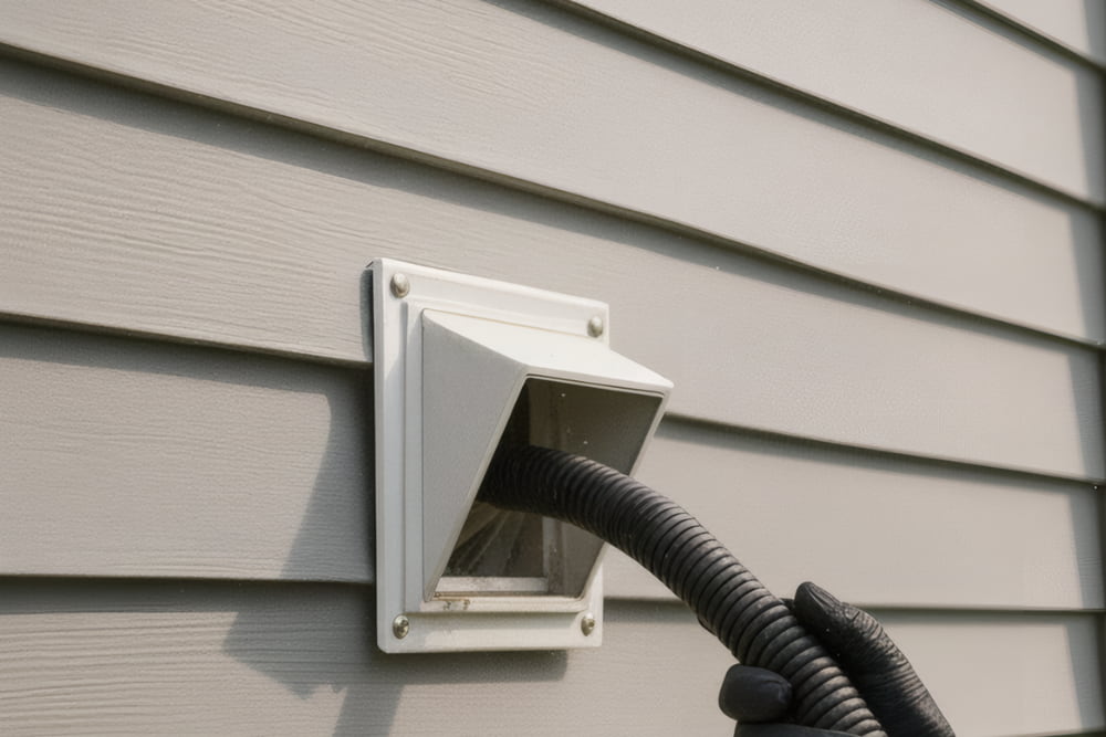 Technician cleaning exterior dryer vent with professional vacuum hose to remove lint buildup.