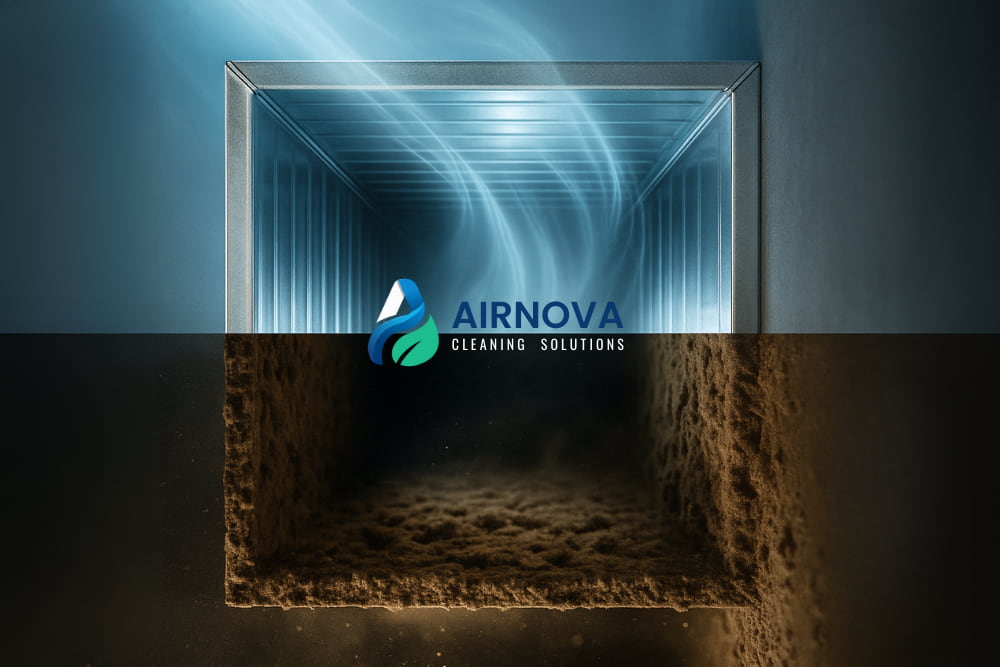 Air duct before and after cleaning showing dust buildup removal and improved airflow – AirNova Cleaning Solutions.