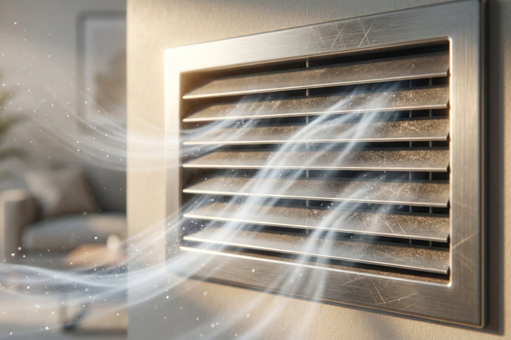 Dust and particles flowing from dirty air vent before professional air duct cleaning.