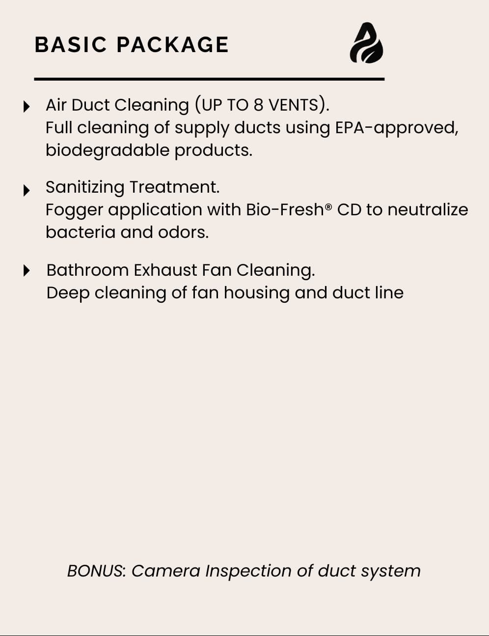 AirNova Solutions Basic Package: Air duct cleaning up to 8 vents, sanitizing treatment, and bathroom exhaust fan cleaning.