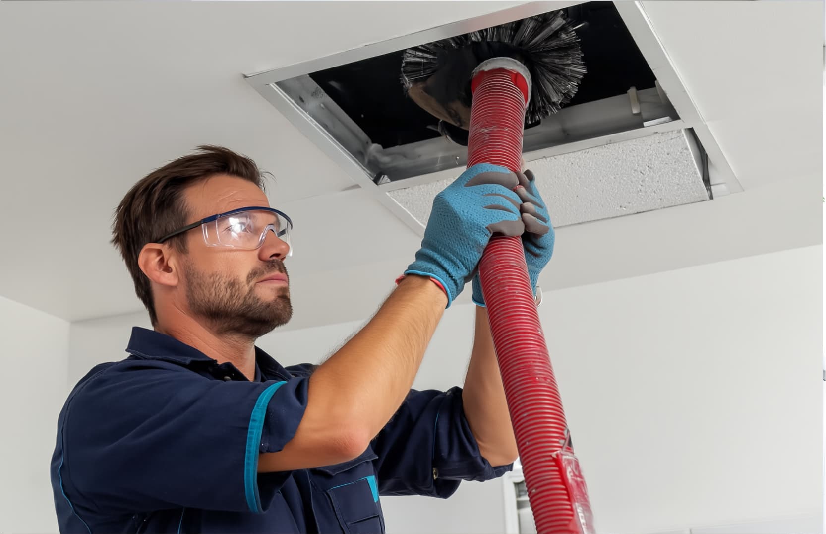 Technician performing professional air duct cleaning with rotary brush equipment