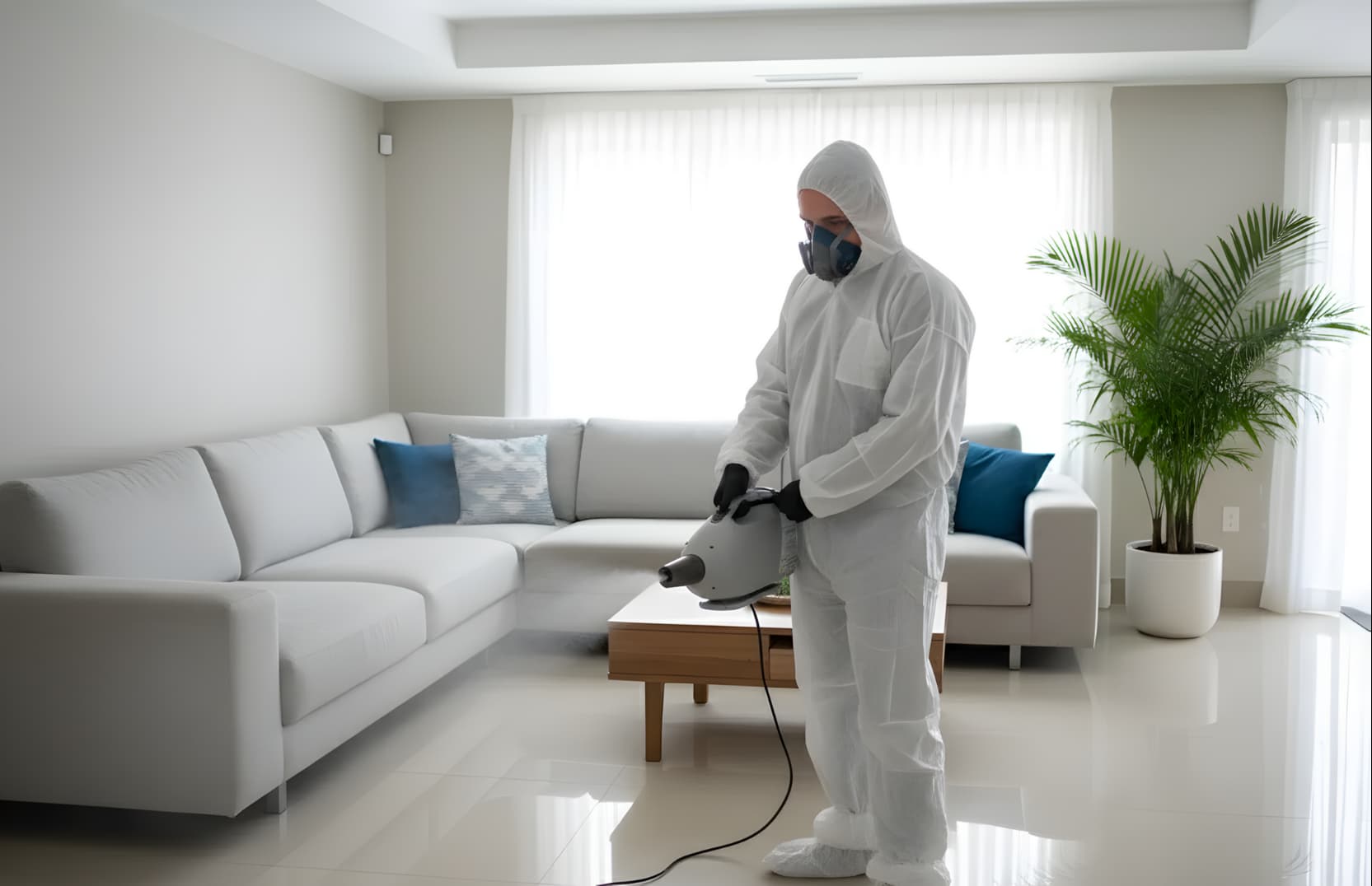 Technician performing professional home sanitization with disinfectant fogger