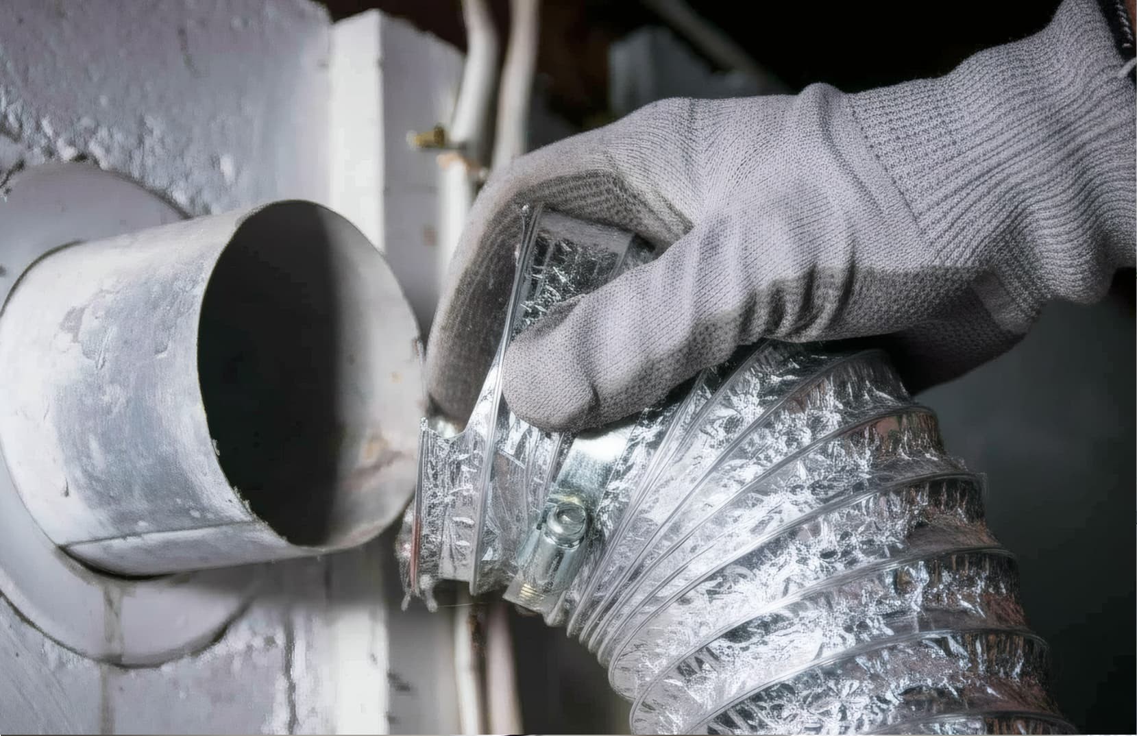Technician connecting dryer vent duct for proper airflow and lint removal