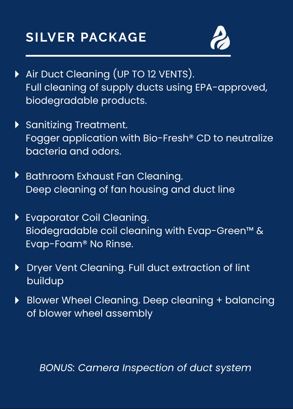 AirNova Solutions Silver Package including air duct cleaning up to 12 vents, sanitizing, bathroom exhaust fan cleaning, evaporator coil cleaning, dryer vent cleaning, and blower wheel cleaning.
